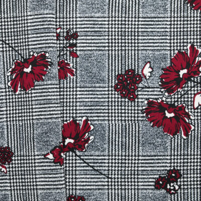 Printed Check Flower Crepe - Black/ Deep Red